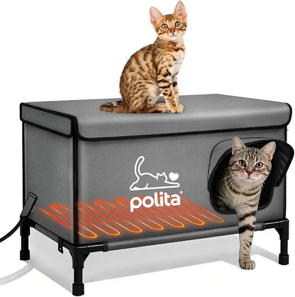 Polita Indestructible Heated Cat House for Outdoor Cats in Winter, Extremely Insulated & 100% Weatherproof, Elevated Feral Cat Shelter with Waterproof Eaves & Safe Escape Door for Stray & Barn Cats