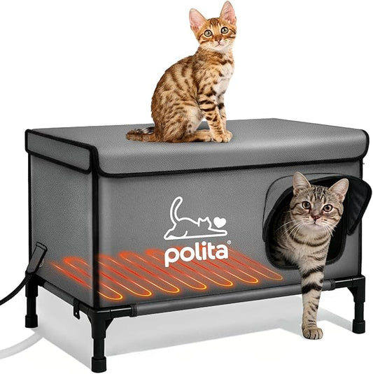 Polita Indestructible Heated Cat House for Outdoor Cats in Winter, Extremely Insulated & 100% Weatherproof, Elevated Feral Cat Shelter with Waterproof Eaves & Safe Escape Door for Stray & Barn Cats