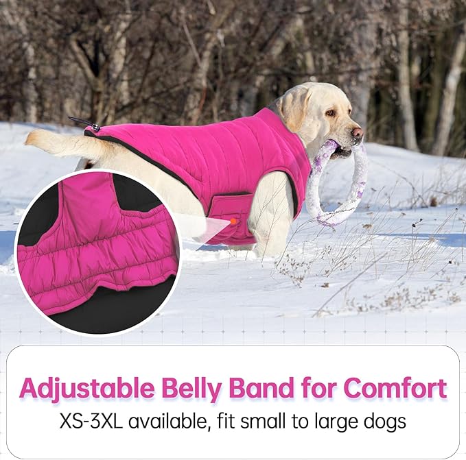 Lelepet Reversible Dog Coat Waterproof Dog Jacket Windproof Puffer Vest for Winter Warm Lightweight Coats for Large Dogs Adjustbale Hook & Loop Pet Apparel with Leash Hole, Pitbull, Rose Red, XL