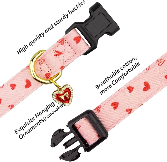 Cotton Handmade Dog Collar Cute and Distinctive Patterns Pink Heart with Pendant for Girl Boy Dogs Collars M