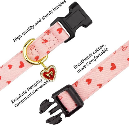 Cotton Handmade Dog Collar Cute and Distinctive Patterns Pink Heart with Pendant for Girl Boy Dogs Collars S