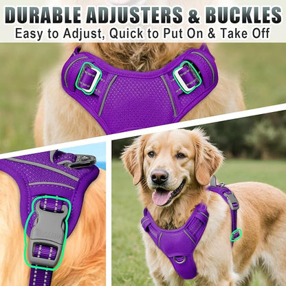 BARKBAY No Pull Dog Harness Large Reflective Dog Harness with Front Clip and Easy Control Handle for Walking Training Running with ID tag Pocket(Purple,M)