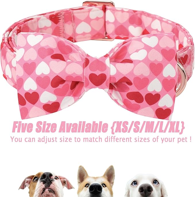 Valentines Dog Collar with Bow Tie - Love Heart Pattern Pink Bowtie Dog Collar Adjustable Heavy Duty Valentines Dog Collars for Small Medium Large Dogs L