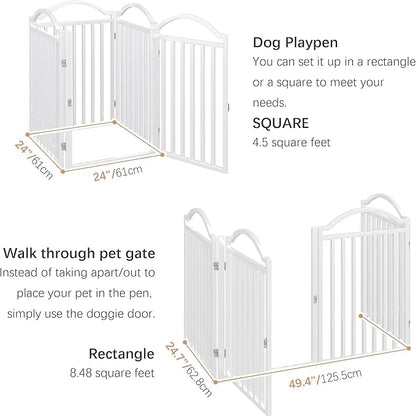 BHG Metal No-Assembly Freestanding Dog Gate with Door Walk Through, Extra Wide 96", Extra Tall 32" Pet Gate, Accordion Puppy Folding Playpen Dog Fence for Indoor & Outdoor, with 2PCS Support - White