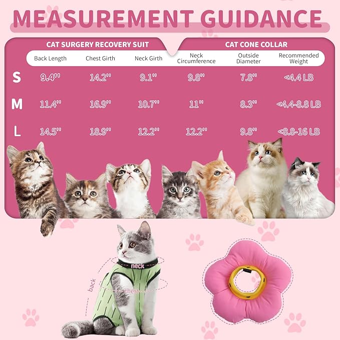 EMUST 2PCS Cat Recovery Suit and Cat Surgery Suit, Cute Cats Surgical Suit for Abdominal Wounds or Skin Diseases, Adjustable Flower Neck Cats Cone Collar Soft for 4-8lb(Green, M)