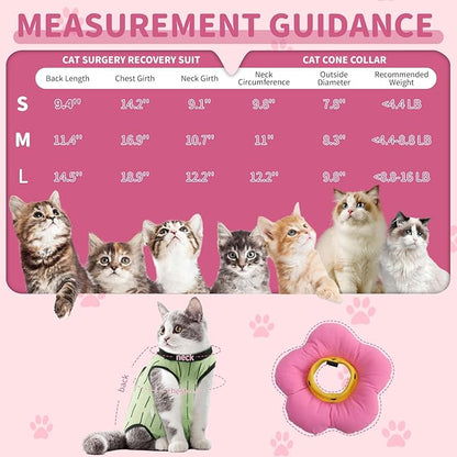 EMUST Cat Recovery Suit and Cat Surgery Suit, Cats Surgical Suit for Abdominal Wounds, Soft & Adjustable Flower Cats Cone Collar, After Surgery for Female Kittens Under 4lb(Green, S)