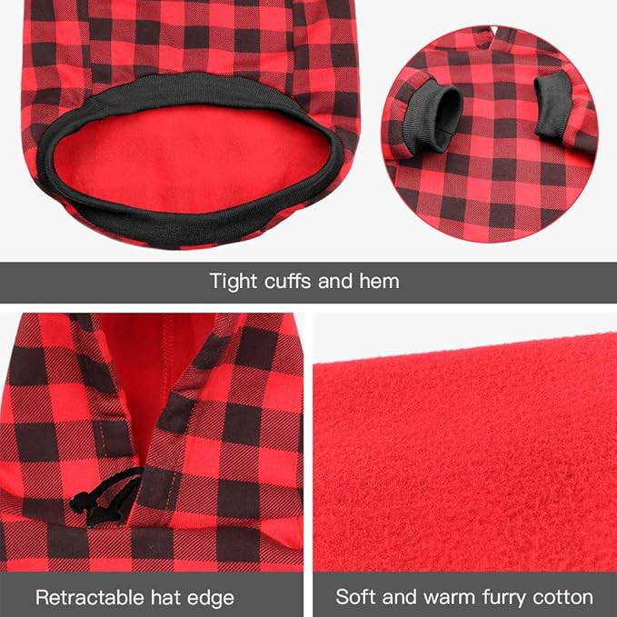 Red Plaid Dog Hoodie Sweater for Dogs Pet Clothes with Hat and Pocket（XXL）