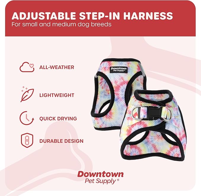 Downtown Pet Supply Step-in Dog Harness – No Pull, Adjustable Padded Mesh with Reflective Trim, Secure Buckle Strap – Comfortable & Breathable Small Dog Harness, Small, Tye Die