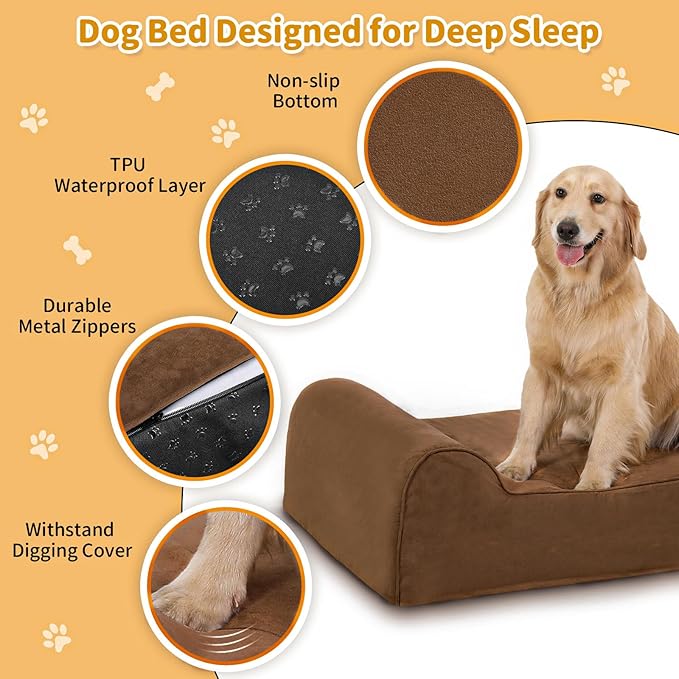 Rainmr Orthopedic Dog Beds for Large Dogs, 7" Memory Foam Dog Beds with Waterproof Liner, Durable Microsuede Cover, Removable and Washable, Nonskid Bottom, 48"x30"x7" L Chocolate