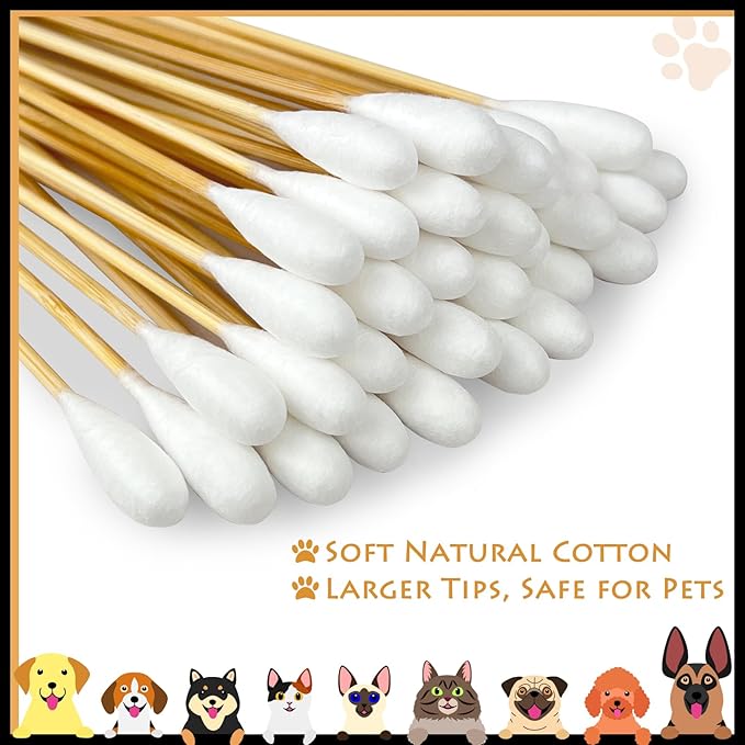 eyxformula 6 Inch Long Cotton Swabs for Pet Cleaning, Bamboo Handle, Pet Ear Cleaning Solution Supplies for Dogs and Cats (100 pcs Large Cotton swabs)