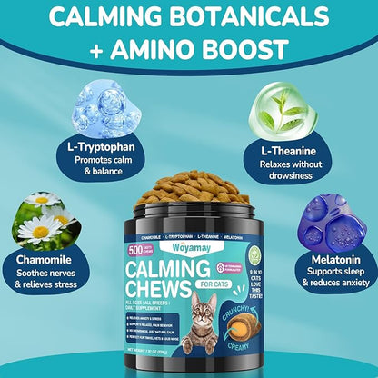 Woyamay Cat Calming Treats, 500 Crunchy & Creamy Calming Chews for Cats, Natural Calming Cat Treats to Manage Stress & Anxiety, Tasty Calm Chews Supplement, Chicken Flavor