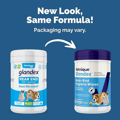 Vetnique Glandex Dog Wipes for Pets Cleansing & Deodorizing Anal Gland Hygienic Dog & Cat Wipes with Vitamin E, Skin Conditioners and Aloe (75ct)