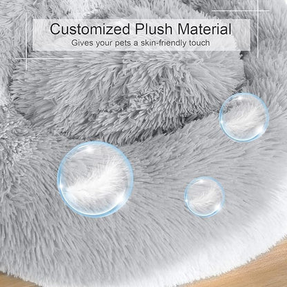 Dog Bed, Cat Calming Bed, Faux Fur Pillow Pet Donut Cuddler Round Plush Bed for Large Medium Small Dogs and Cats (Light Grey, 49.0" L x 38.0" W x 7.0" Th)