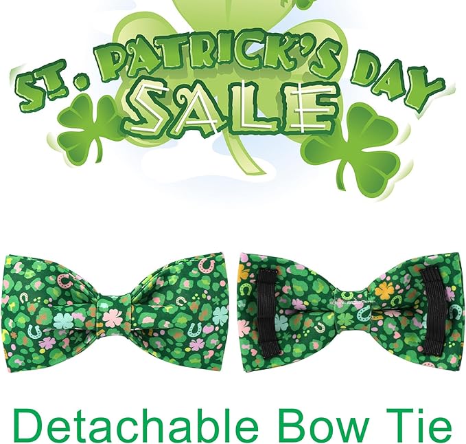St. Patrick's Day Dog Collar with Bow Tie, Cotton St. Patrick's Day Bowtie Collar for Girl Boy Dog, Lucky Shamrock Dogs Collars with Metal Buckle, Spring, L, Neck 16-24in