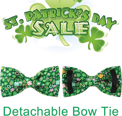 St. Patrick's Day Dog Collar with Bow Tie, Cotton St. Patrick's Day Bowtie Collar for Girl Boy Dog, Lucky Shamrock Dogs Collars with Metal Buckle, Spring, L, Neck 16-24in