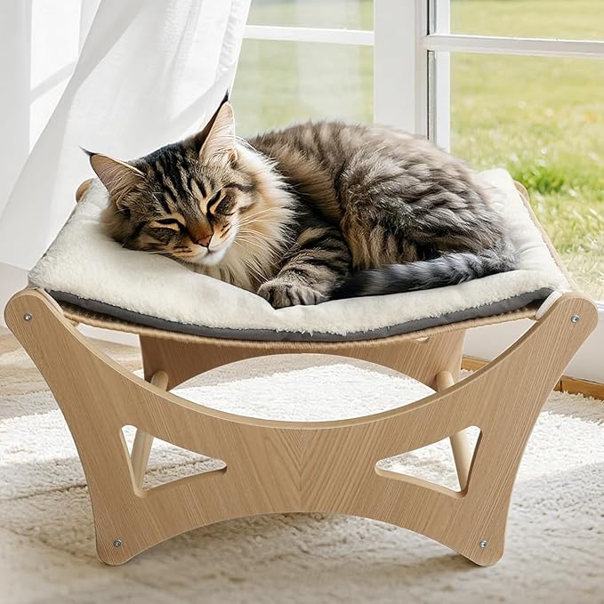 GreenPetopia Cat Hammock Bed, Wooden Elevated Cat Beds with Natural Sisal Scratching Mat, Cats Scratcher Bed with Removable Soft Cushion, Cats Scratching Beds with Wood Frames, 22" L x 17.7" W