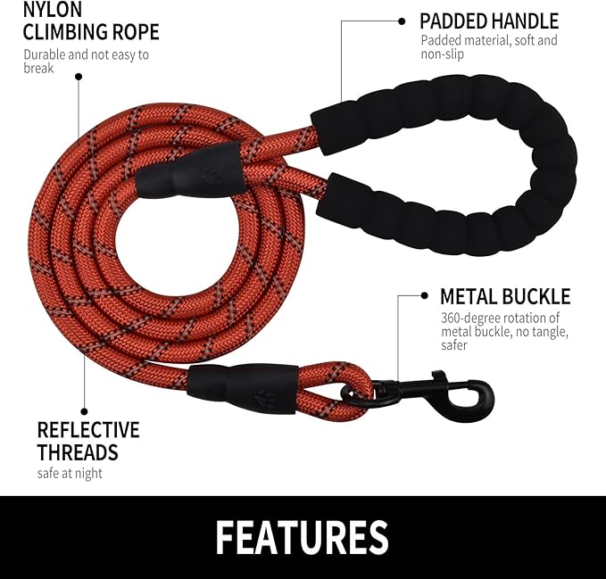 Panykoo 5/6 FT Strong Pet Dog Leash with Soft Padded Handle,Highly Reflective Rope for Night Walking,360-Degree Rotating Metal Buckle Without Tangles,Suitable for Small,Medium and Large Dogs.(6ft)
