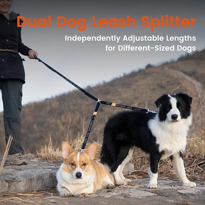 HOWGO Double Dog Leash, No Tangle 360° Swivel, Adjustable Two Padded Handles, Double Clip Dog Leash Coupler Splitter for 0~50 lbs Small and Medium Breeds (Black, 2/3'' x 0.9 FT, Ultralight)