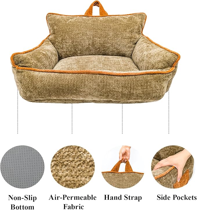 RAFASAFA Small Dog Bed, Washable Pet Bed with Removable Cover, with Sides, Carry Handle & Side Pockets .Plush Chenille Orthopedic Pet Bed Couch for Small Breed Dogs & Cats .Calming
