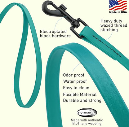 Dogline Biothane Waterproof Dog Leash Strong Coated Nylon Webbing with Black Hardware Odor-Proof Easy to Clean High Performance for Small or Large Dogs Made in USA 4 or 6 ft Lead, Blue Aqua