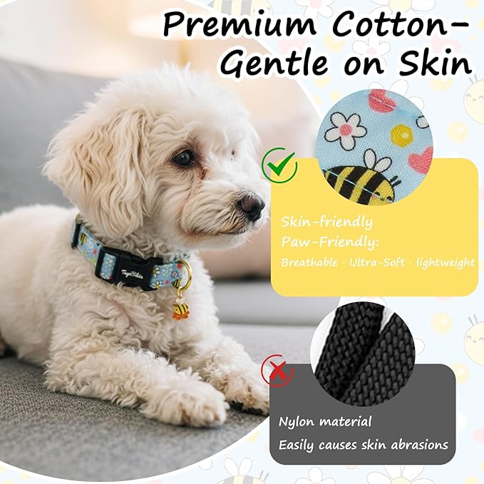 Dog Collar with Bees & Flowers Pattern, Spring Summer Collection Blue Dog Collar with Exquisite Pendant, Durable Adjustable Collars for Gifts & Daily Use-S