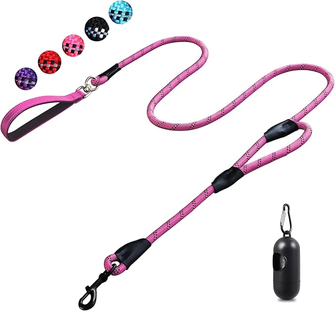 Dog Leash, 6 Foot Dog Leash, 2 Extra Padded Handles, Lockable Metal Carabiner Clip, Reflective No Pull Heavy Duty Rope Lead, Walking, Training, Running, Medium to Large Breeds（Pink）