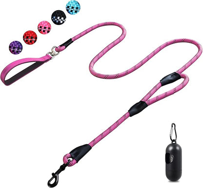 Dog Leash, 6 Foot Dog Leash, 2 Extra Padded Handles, Lockable Metal Carabiner Clip, Reflective No Pull Heavy Duty Rope Lead, Walking, Training, Running, Medium to Large Breeds（Pink）