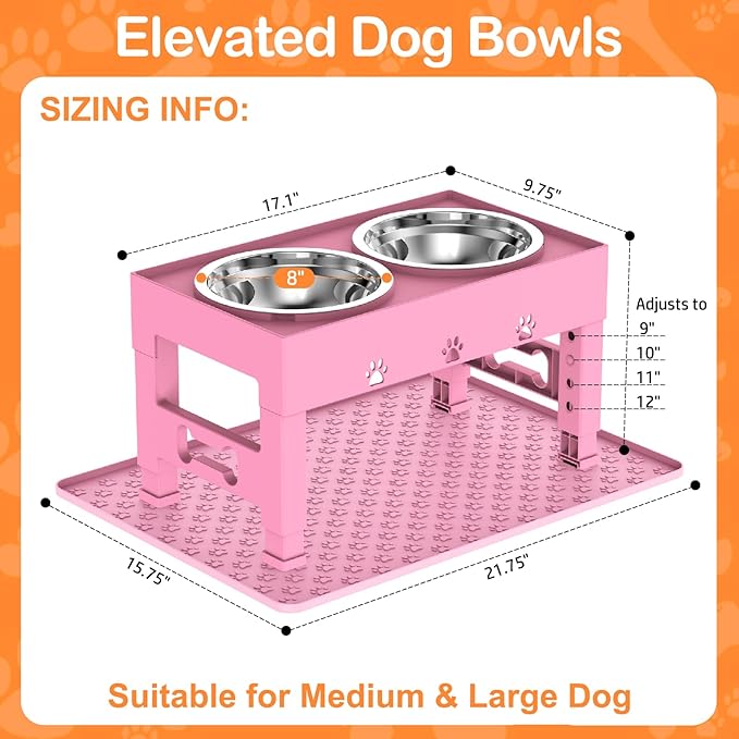 LAKIPETN Elevated Dog Bowls with Mat, Raised Dog Food Bowl Stand with 2 Stainless Steel Bowls, 5 Height Adjustable (3.1", 9", 10", 11", 12") Non-Slip Feeder Set for Medium and Large Dogs – Pink