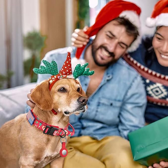 DAGANXI Christmas Tactical Dog Collar, Adjustable Military Training Nylon Dog Collar with Control Handle and Metal Buckle for Medium and Large Dogs, with Patches and Airtags Case (XL, Christmas red)