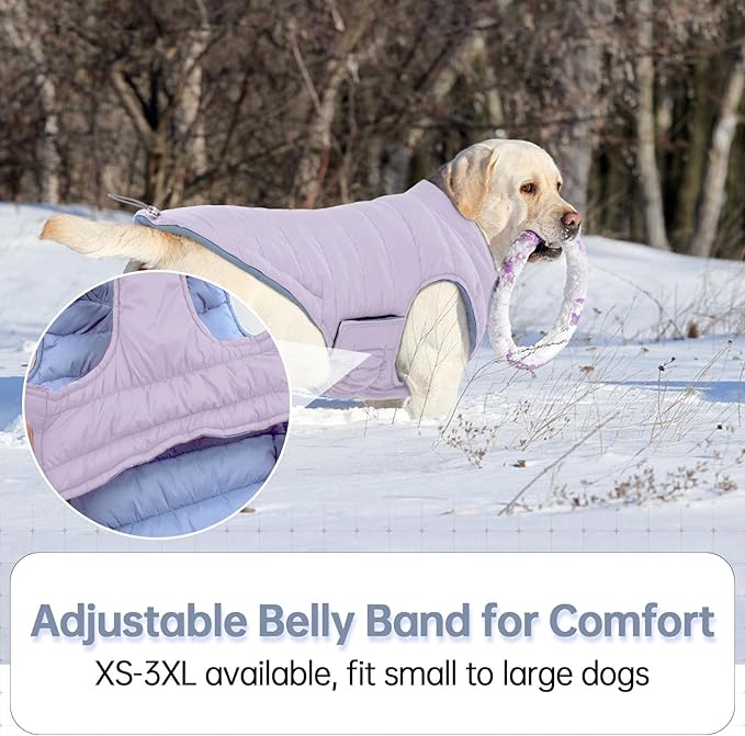 Lelepet Reversible Dog Coat Waterproof Dog Jacket Windproof Puffer Vest for Winter Warm Lightweight Coats for Small Dogs Adjustbale Hook & Loop Pet Apparel with Leash Hole, Chihuahua, Purple, XS