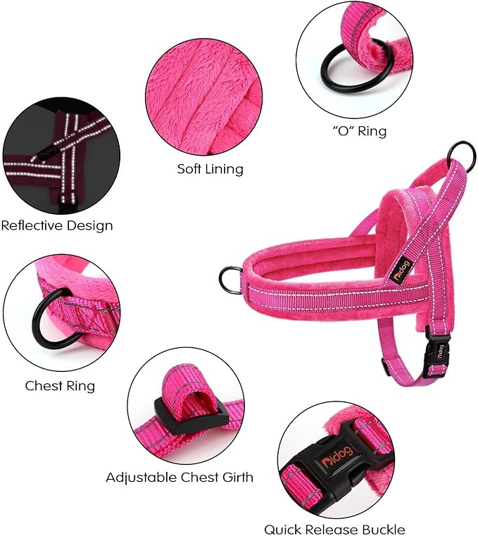 Didog Soft Flannel Padded Dog Vest Harness, No Pull/Quick Fit Reflective Dog Strap Harness, Easy for Training Walking (L:Chest 26-32", Hot Pink)