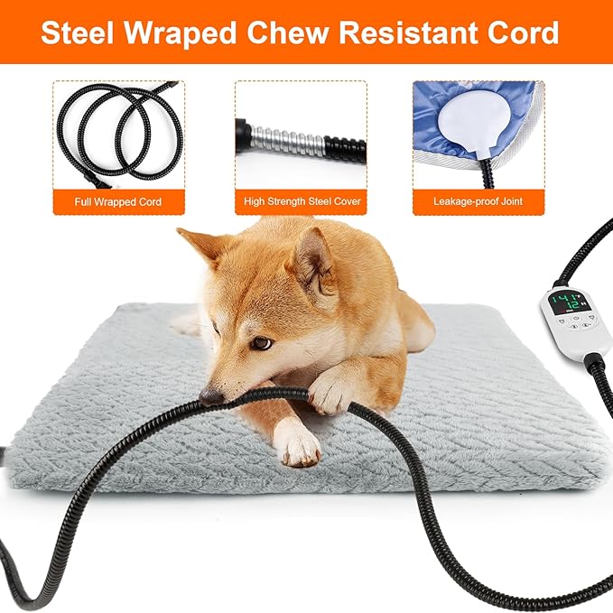 ENJOY PET Pet Heating Pad for Cats Dogs, Heated Dog Bed Indoor Dog Heating Pad with Chew Resistant Steel Cord, 12 Level Timer and Temperature Heated Pet Bed Electric Warming Blanket