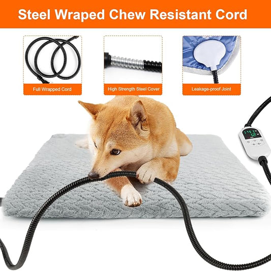 ENJOY PET Pet Heating Pad for Cats Dogs, Heated Dog Bed Indoor Dog Heating Pad with Chew Resistant Steel Cord, 12 Level Timer and Temperature Heated Pet Bed Electric Warming Blanket