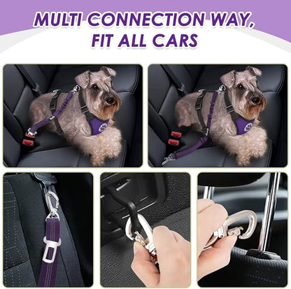 Lukovee Dog Seat Belt - Adjustable Dog Car Harness for Large, Medium & Small Dogs, Soft Padded & Breathable Mesh Dog Seatbelt with Car Vehicle Connector Strap (Purple Double Clip, Medium)
