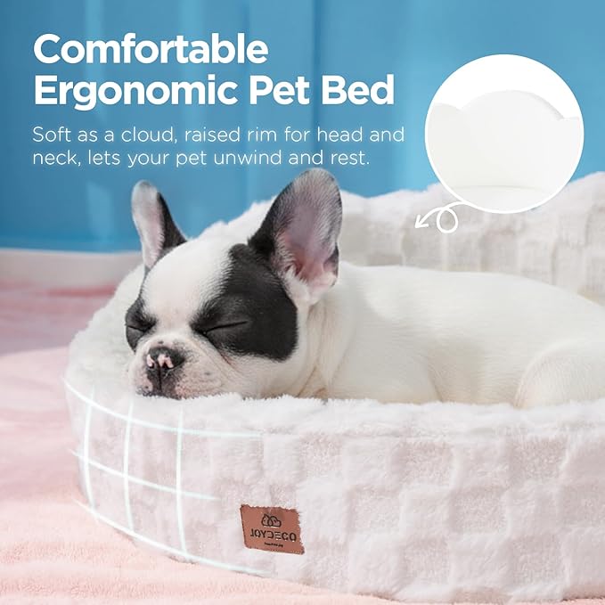 Joydeco Cloud Dog Bed for Small Dogs & Cats, Washable Pet Bed with Orthopedic Foam and Removable Checkered Plush Pad, Non-Slip Bottom for Indoor Puppies and Kittens, 27x24 Inch, White