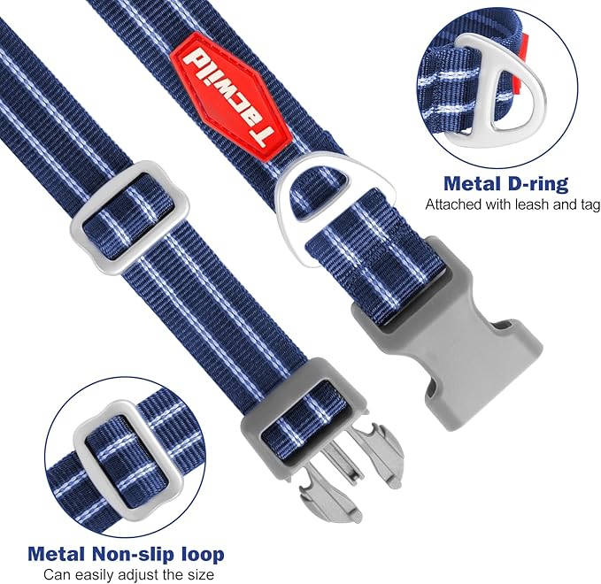 Tacwild Adjustable Reflective Dog Collar, Puppy Collar with D-Ring Buckle - Durable Safety Nylon Dog Collars for Large Dogs (Blue-L)