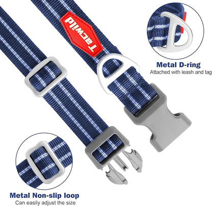 Tacwild Adjustable Reflective Dog Collar, Puppy Collar with D-Ring Buckle - Durable Safety Nylon Dog Collars for Large Dogs (Blue-L)