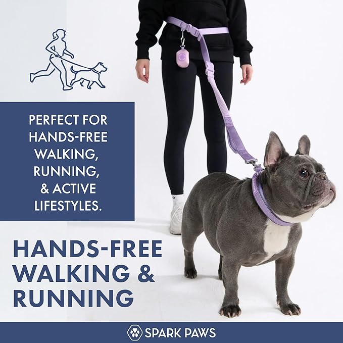 Spark Paws Handsfree Dog Leash – Shock Absorbing Waist Bungee Lead for Running, Car Seatbelt Clip & Poop Bag Set, Heavy Duty Tactical Lead for Medium, Large & X-Large Breeds - Lilac