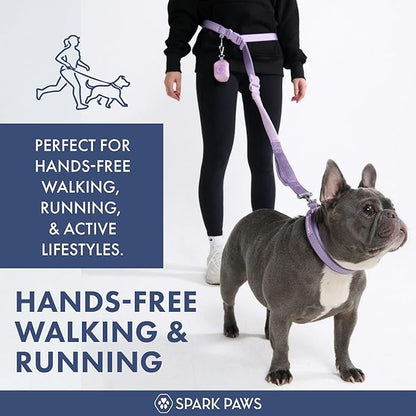 Spark Paws Handsfree Dog Leash – Shock Absorbing Waist Bungee Lead for Running, Car Seatbelt Clip & Poop Bag Set, Heavy Duty Tactical Lead for Medium, Large & X-Large Breeds - Lilac