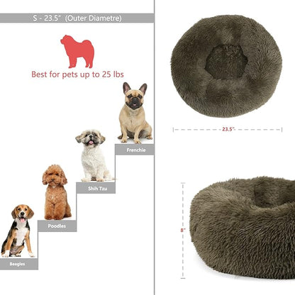 Calming Donut Dogs Beds for Small Dogs Washable,23inch Plush Round Pet Bed for Cozy Sleep,Fluffy Faux Fur Large Cat Bed,Fits up to 25 lbs Pets,Army Green