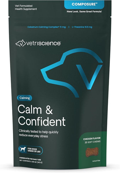VetriScience Calm & Confident Chews, Composure Clinically Tested Calming and Anxiety Supplement for Small Dogs Under 30 lbs, Reduce Stress, Ideal for Thunderstorms and Fireworks, Chicken, 30 Count