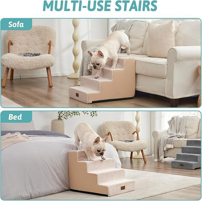 COZY KISS Dog Stairs for Small Dogs, 4 Tier Wider Pet Stairs for Couch and Beds, 17.7" H Non-Slip Dog Steps for Old Cats, Puppy, Small Medium Dogs, 17.7x23.6x17.7 inch, Beige
