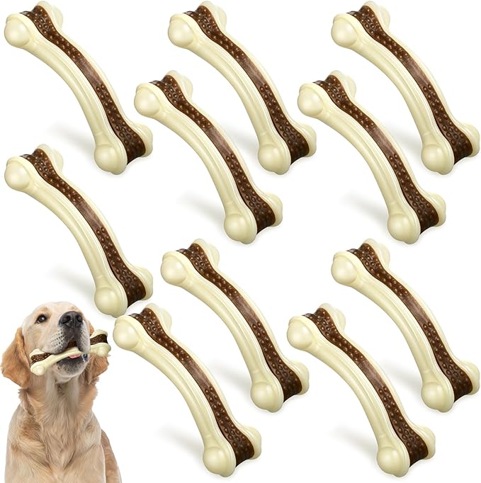 Sosation 10 Pcs Dog Chew Toys for Aggressive Chewers Nylon Beef Flavor Dog Bones Tough Puppy Teething Toys Puppy Chew Bones for Large/Medium/Small Breed Dogs Puppies Pets Chew Toys (6.3 x 2.17 Inch)