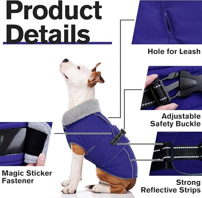 Lelepet Warm Dog Winter Coat Waterproof Dog Jacket with Adjustable Buckle & Leash Hole Reflective Pet Fleece Snowsuit Turtleneck Windproof Cold Weather Coats, Blue, M
