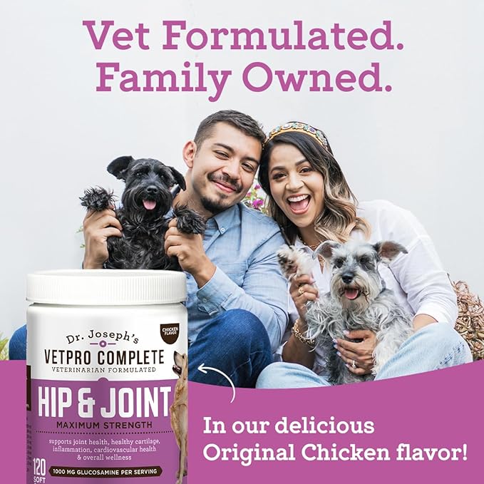 Dr. Joseph's VetPro Complete Dog Hip & Joint Supplement for Arthritis Pain Relief – High-Strength Glucosamine & Chondroitin Chews for Senior Dogs – Vet Formulated Daily Treats, Chicken Flavor, 120 Ct