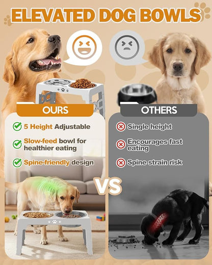 Elevated Dog Bowls, Dog Feeder with 1*Stainless Steel Dishes & 1*Slow Feeder Bowl, 5 Heights Adjustable Raised Stand for Medium Large, Food Dishes with Non-Slip Feet