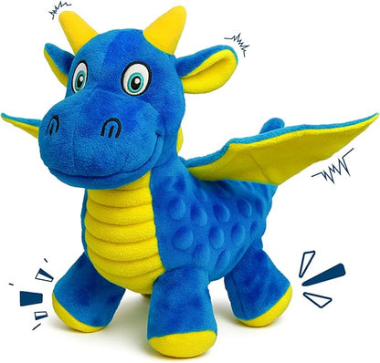 BBeary Squeaky Dog Toys - Soft Plush Dragon Dog Toy with 5 Squeakers & Crinkle Paper, Dog Toys for Small, Medium and Large Dogs (Blue,10")