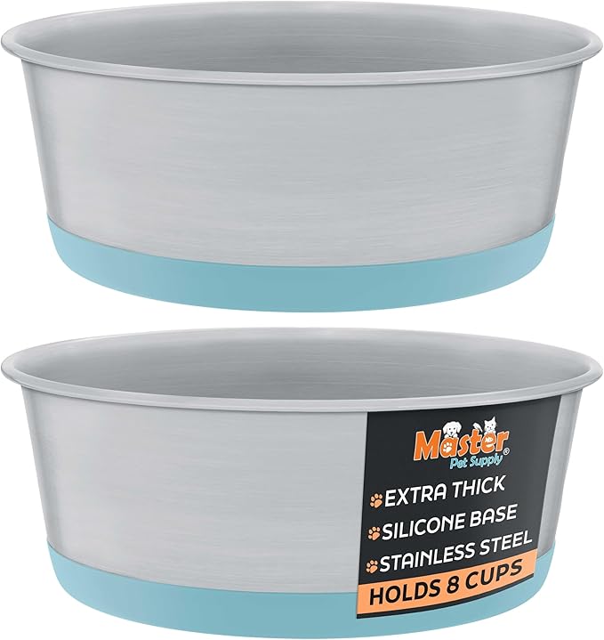 Master Pet Supply Stainless Steel Dog Bowls Set of 2 with Extra Thick Silicone Base - 8 Cup (64 oz) Aqua Sky, Non-Slip, Dishwasher Safe Metal Bowls, Pet Dog Food Bowl for Dogs, Cats, Anti Rust