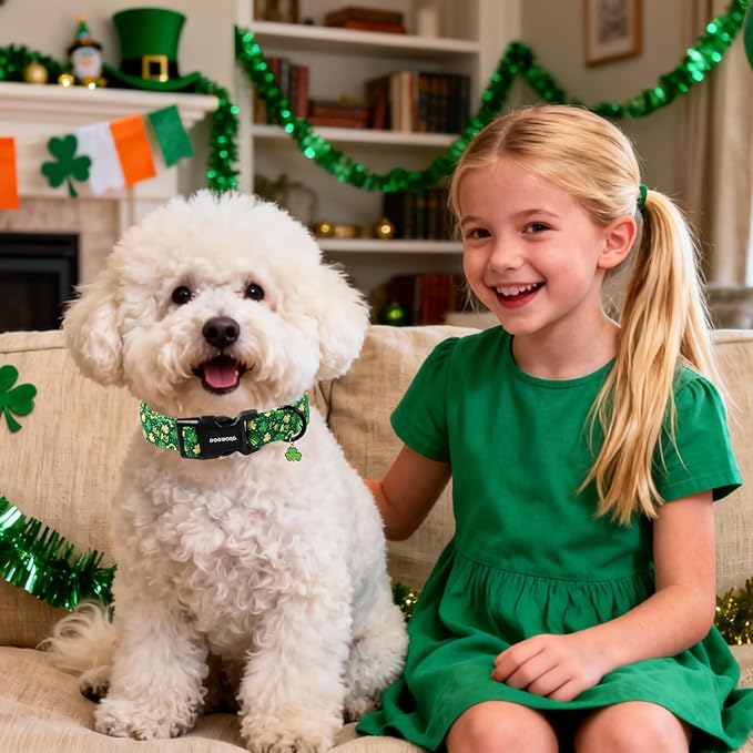 DOGWONG St Patrick's Dog Collar, Green Clover Pet Collar Cotton Shamrock Pet Collar Cute Puppy Collar Adjustable Pet Dog Collars for Large Dogs,XL