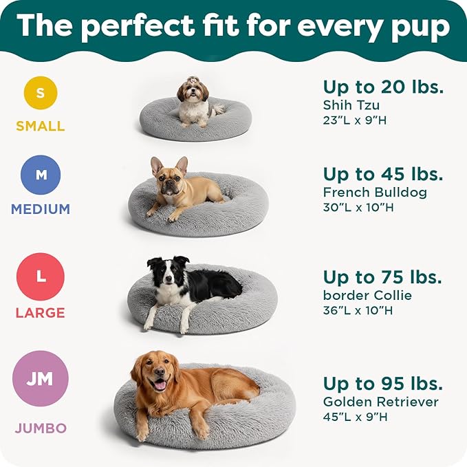 Furhaven 30" Round Calming Donut Dog Bed for Medium/Small Dogs, Refillable w/ Removable Washable Cover, Up to 45 lbs - Shaggy Plush Long Faux Fur Donut Bed -Mist Gray, Medium,30.0"L x 30.0"W x 10.0"Th